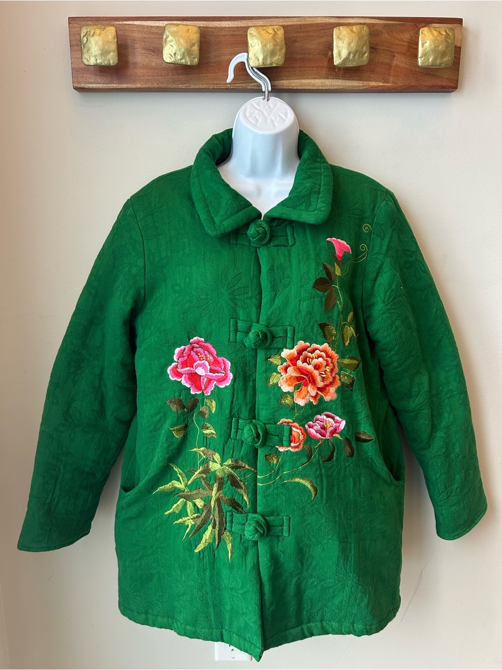 Emerald Green Floral Embroidered Quilted Jacket Cottagecore Boho Artwear Size L